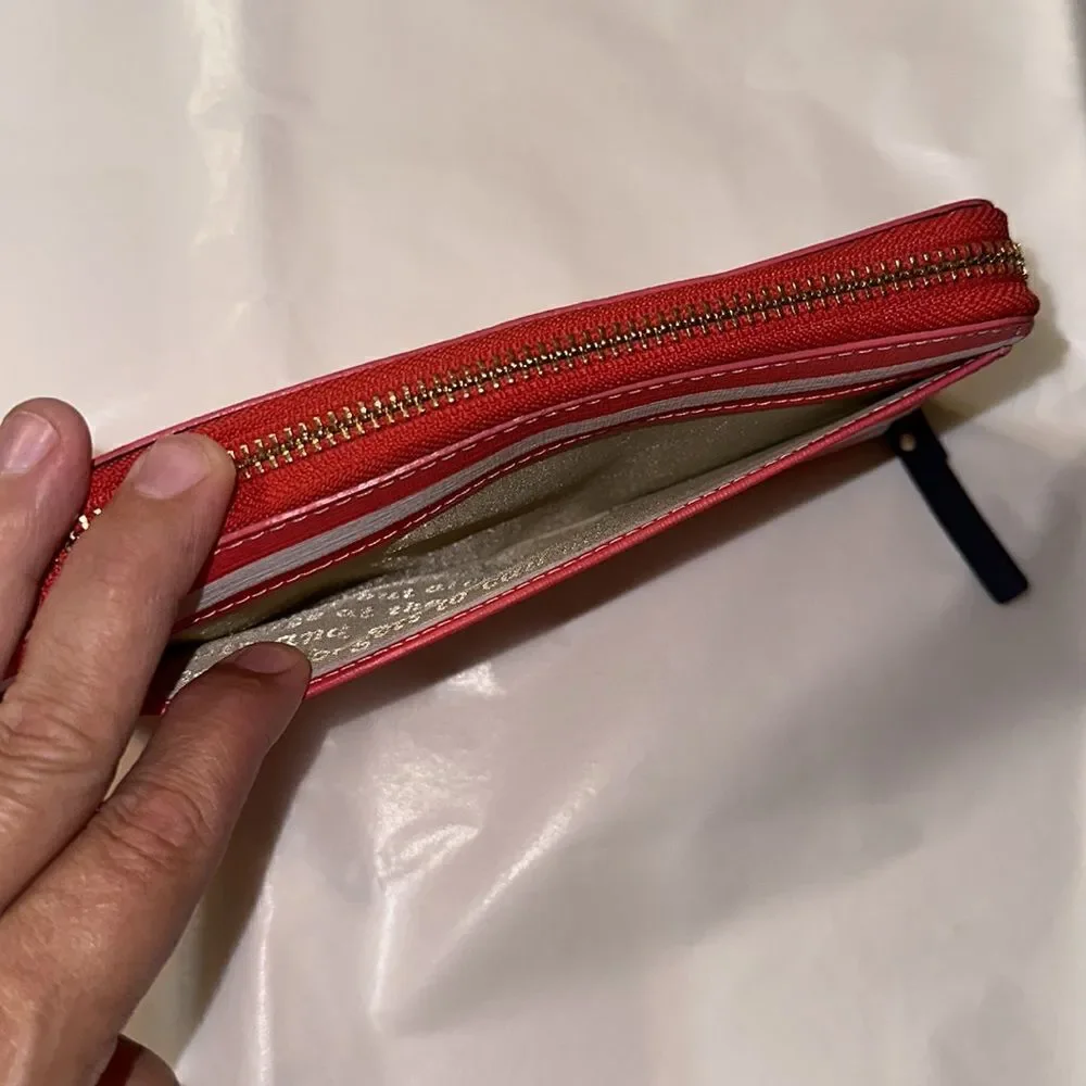 kate spade White Coral Pink Stripe Zip Around Leather Wallet